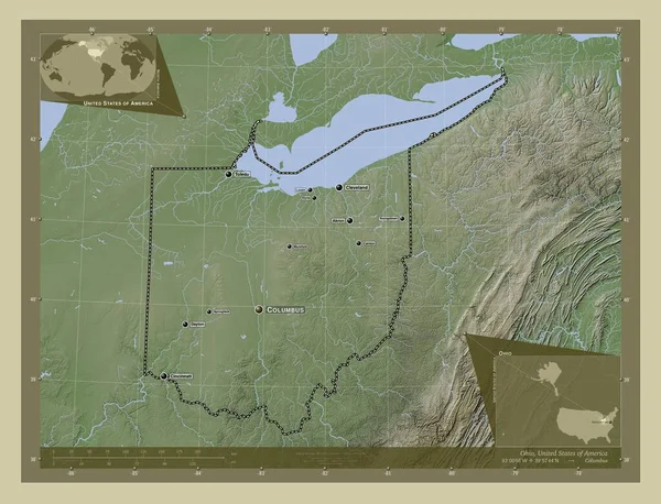 オハイオ州 アメリカ合衆国の州 湖や川とWikiスタイルで着色された標高マップ 地域の主要都市の位置と名前 コーナー補助位置図 — ストック写真