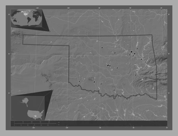 Oklahoma, state of United States of America. Bilevel elevation map with lakes and rivers. Locations of major cities of the region. Corner auxiliary location maps