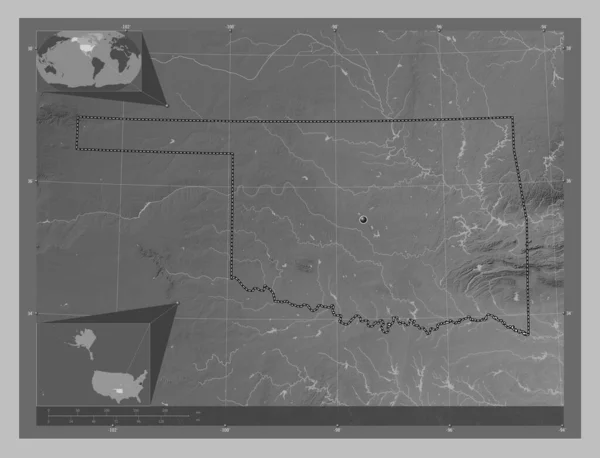 Oklahoma, state of United States of America. Grayscale elevation map with lakes and rivers. Corner auxiliary location maps