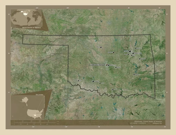 Oklahoma, state of United States of America. High resolution satellite map. Locations and names of major cities of the region. Corner auxiliary location maps