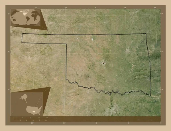 Oklahoma, state of United States of America. Low resolution satellite map. Corner auxiliary location maps