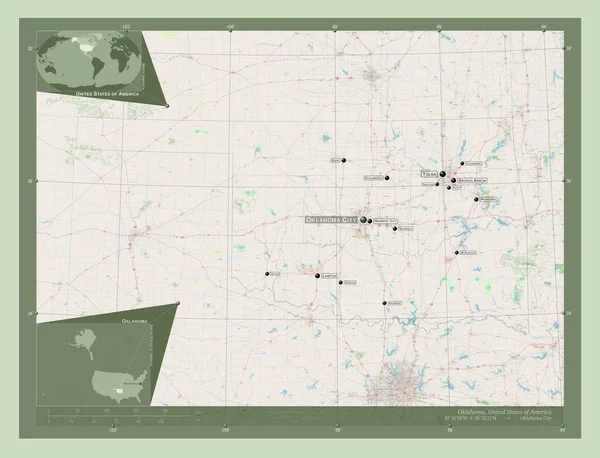 俄克拉荷马州 美利坚合众国 开放街道地图 该区域主要城市的地点和名称 角辅助位置图 — 图库照片