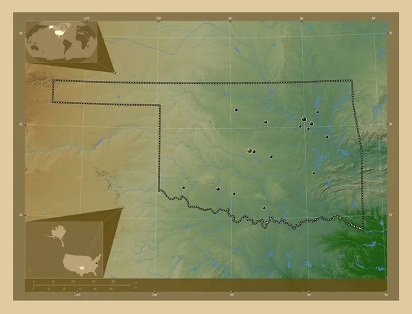 Oklahoma Delstaten Usa Färgade Höjd Karta Med Sjöar Och Floder — Stockfoto