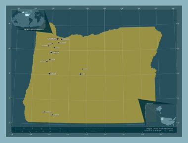 Oregon, Amerika Birleşik Devletleri. Katı renk şekli. Bölgenin büyük şehirlerinin yerleri ve isimleri. Köşedeki yedek konum haritaları