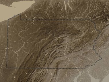 Pennsylvania, Amerika Birleşik Devletleri. Yükseklik haritası sepya tonlarında göller ve nehirlerle renklendirilmiş