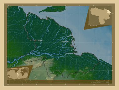 Delta Amacuro, Venezuela eyaleti. Gölleri ve nehirleri olan renkli yükseklik haritası. Bölgenin büyük şehirlerinin yerleri ve isimleri. Köşedeki yedek konum haritaları