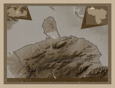 Falcon, Venezuela eyaleti. Yükseklik haritası sepya tonlarında göller ve nehirlerle renklendirilmiş. Köşedeki yedek konum haritaları