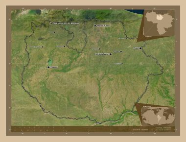 Guarico, Venezuela eyaleti. Düşük çözünürlüklü uydu. Bölgenin büyük şehirlerinin yerleri ve isimleri. Köşedeki yedek konum haritaları