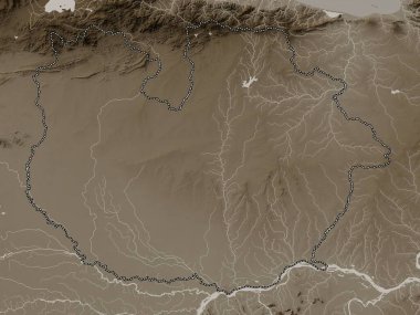 Guarico, Venezuela eyaleti. Yükseklik haritası sepya tonlarında göller ve nehirlerle renklendirilmiş