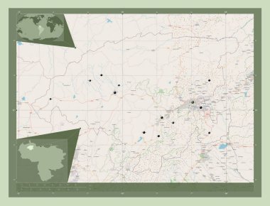 Lara, Venezuela Eyaleti. Açık Sokak Haritası. Bölgenin büyük şehirlerinin yerleri. Köşedeki yedek konum haritaları