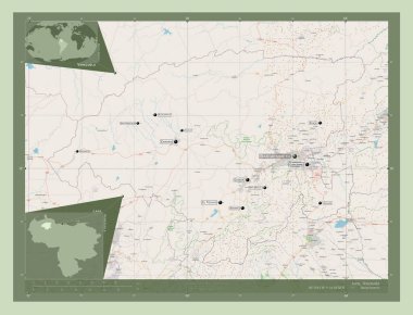 Lara, Venezuela Eyaleti. Açık Sokak Haritası. Bölgenin büyük şehirlerinin yerleri ve isimleri. Köşedeki yedek konum haritaları