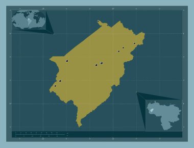 Merida, Venezuela eyaleti. Katı renk şekli. Bölgenin büyük şehirlerinin yerleri. Köşedeki yedek konum haritaları