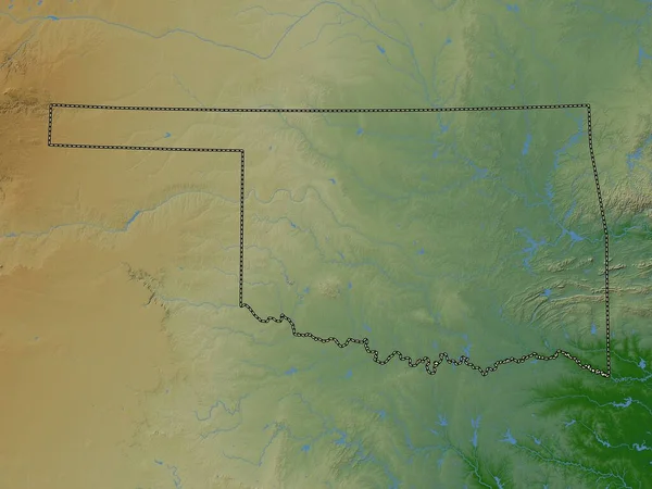 Oklahoma, state of United States of America. Colored elevation map with lakes and rivers