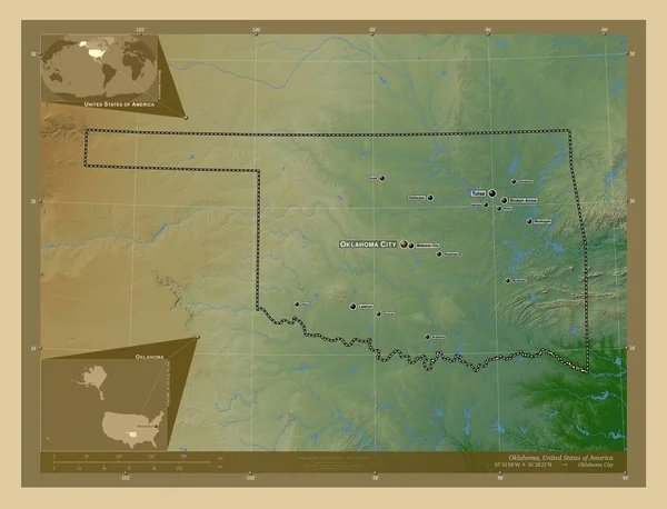 Оклахома Штат Соединенные Штаты Америки Цветная Карта Высоты Озерами Реками — стоковое фото