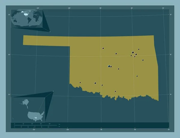 オクラホマ州 アメリカ合衆国の州 しっかりした色の形 地域の主要都市の場所 コーナー補助位置図 — ストック写真