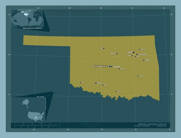 オクラホマ州 アメリカ合衆国の州 しっかりした色の形 地域の主要都市の位置と名前 コーナー補助位置図 — ストック写真