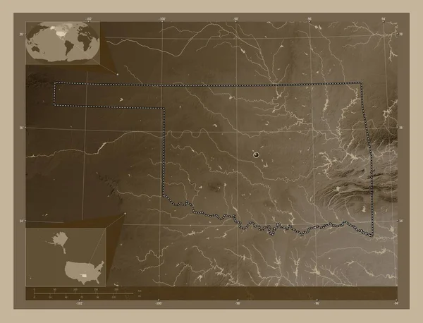 Oklahoma Stát Spojené Státy Americké Zdvihová Mapa Zbarvená Sépiovými Tóny — Stock fotografie