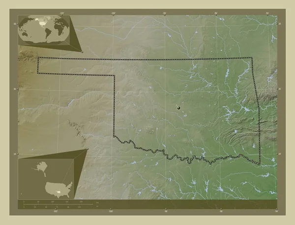 俄克拉荷马州 美利坚合众国 用Wiki风格绘制的带有湖泊和河流的高程地图 角辅助位置图 — 图库照片