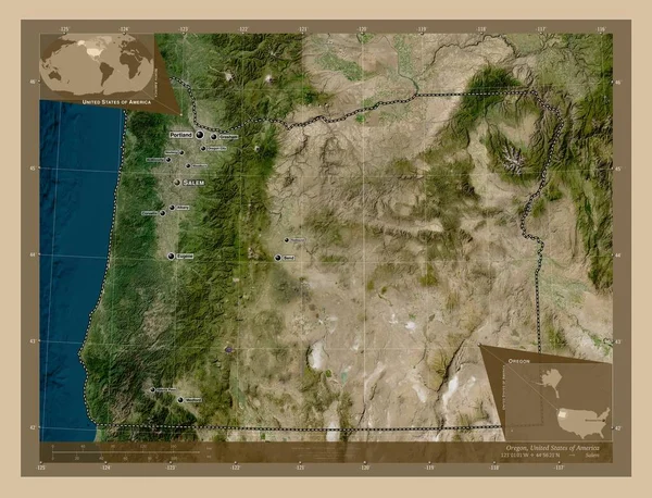 オレゴン州 アメリカ合衆国の州 低解像度衛星地図 地域の主要都市の位置と名前 コーナー補助位置図 — ストック写真