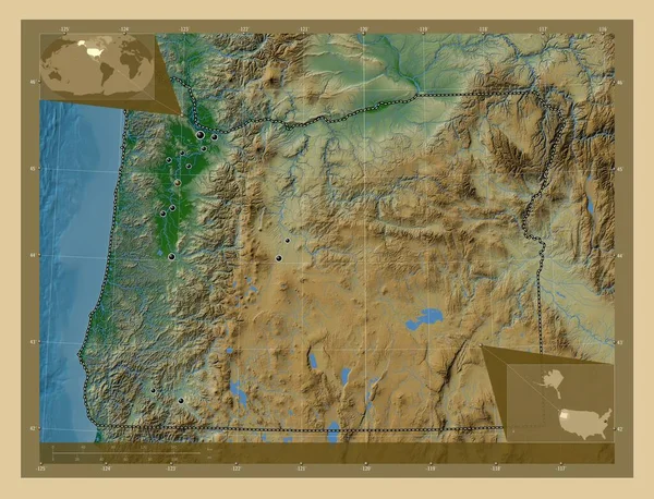 美国俄勒冈州 有湖泊和河流的彩色高程图 该区域主要城市的所在地点 角辅助位置图 — 图库照片