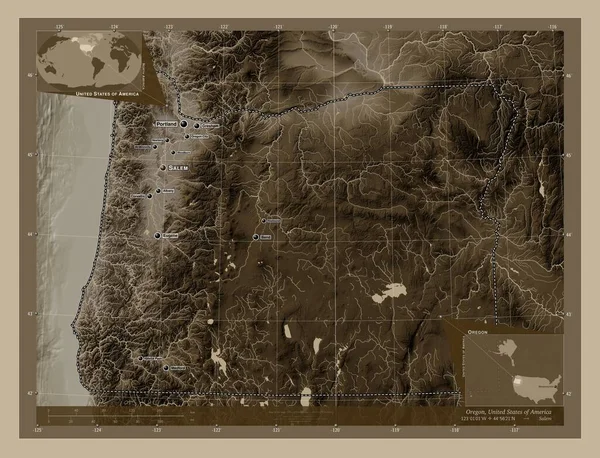 Oregon Staat Van Verenigde Staten Van Amerika Hoogtekaart Gekleurd Sepia — Stockfoto