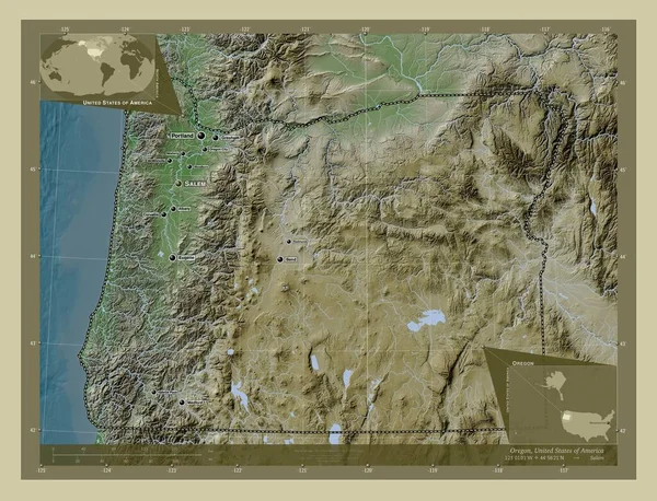 Όρεγκον Πολιτεία Των Ηπα Υψόμετρο Χάρτη Χρωματισμένο Στυλ Wiki Λίμνες — Φωτογραφία Αρχείου