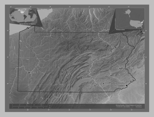 Pennsylvania State United States America Grayscale Elevation Map Lakes Rivers — Stock Photo, Image