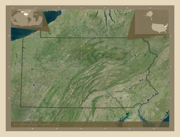 ペンシルベニア州 アメリカ合衆国の州 高解像度衛星地図 地域の主要都市の場所 コーナー補助位置図 — ストック写真