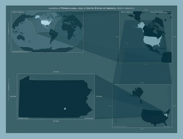 Pensylwania Stan Stany Zjednoczone Ameryki Schemat Przedstawiający Położenie Regionu Mapach — Zdjęcie stockowe