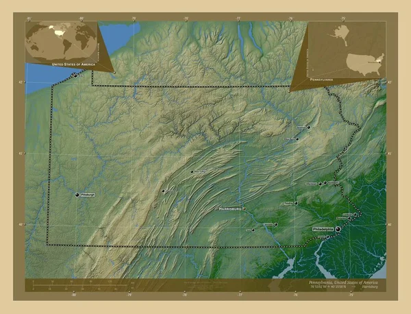 Пенсильвания Штат Соединенные Штаты Америки Цветная Карта Высоты Озерами Реками — стоковое фото