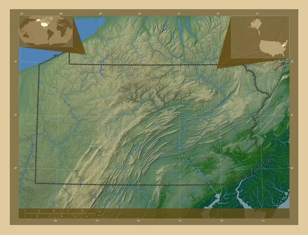 ペンシルベニア州 アメリカ合衆国の州 湖や川と色の標高マップ コーナー補助位置図 — ストック写真