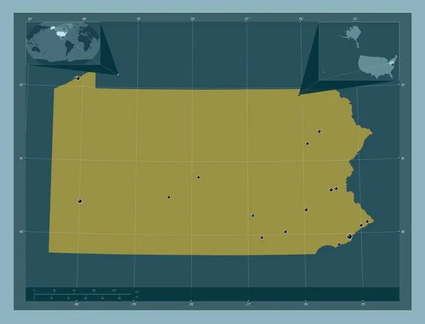 宾夕法尼亚州 美利坚合众国的一个州 固体的颜色形状 该区域主要城市的所在地点 角辅助位置图 — 图库照片
