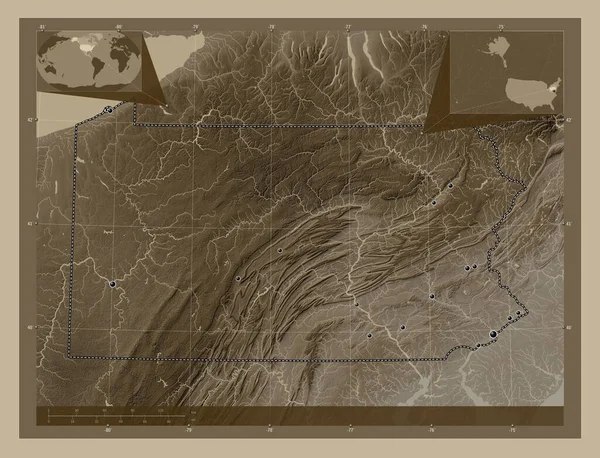 Pennsylvania Verenigde Staten Van Amerika Hoogtekaart Gekleurd Sepia Tinten Met — Stockfoto