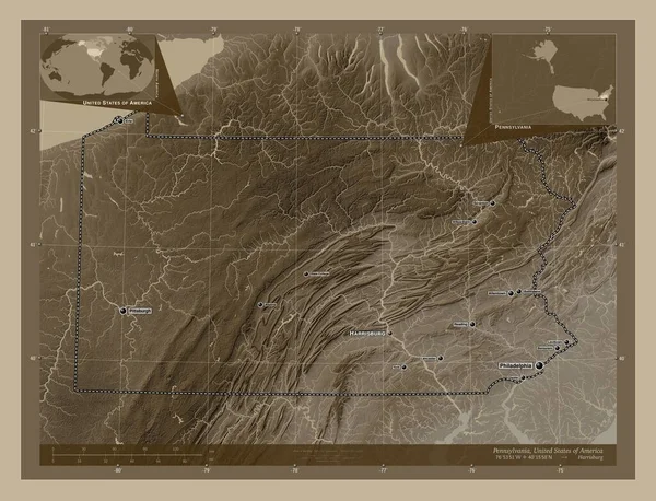 Pennsylvania State United States America Elevation Map Colored Sepia Tones — Stock Photo, Image