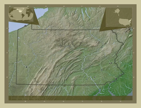 ペンシルベニア州 アメリカ合衆国の州 湖や川とWikiスタイルで着色された標高マップ 地域の主要都市の場所 コーナー補助位置図 — ストック写真