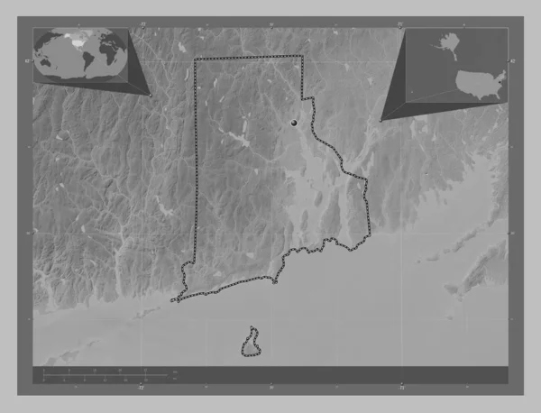 美利坚合众国罗得岛州Rhode Island State America 带有湖泊和河流的灰度高程图 角辅助位置图 — 图库照片