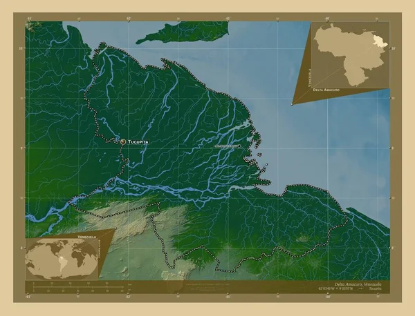 デルタAmacuro ベネズエラの状態 湖や川と色の標高マップ 地域の主要都市の位置と名前 コーナー補助位置図 — ストック写真
