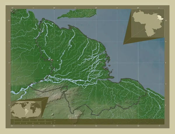 德尔塔 阿马库罗 委内瑞拉 用Wiki风格绘制的带有湖泊和河流的高程地图 该区域主要城市的所在地点 角辅助位置图 — 图库照片
