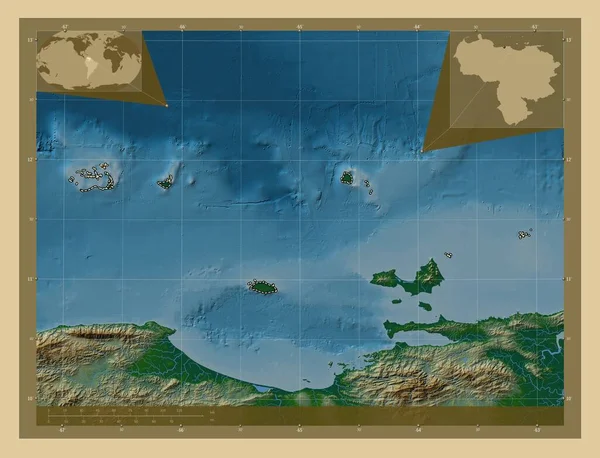 ベネズエラの連邦共和国 湖や川と色の標高マップ 地域の主要都市の場所 コーナー補助位置図 — ストック写真