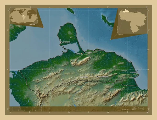 ファルコンベネズエラの州 湖や川と色の標高マップ 地域の主要都市の位置と名前 コーナー補助位置図 — ストック写真