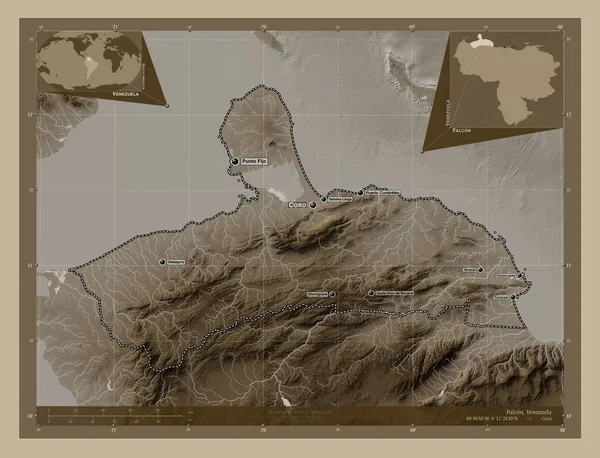 Falcon State Venezuela Elevation Map Colored Sepia Tones Lakes Rivers — Stock Photo, Image