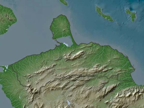 Falcon, Venezuela eyaleti. Yükseklik haritası göller ve nehirlerle wiki stilinde renklendirilmiştir