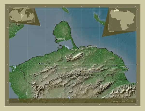 Falcon 委内瑞拉国 用Wiki风格绘制的带有湖泊和河流的高程地图 该区域主要城市的地点和名称 角辅助位置图 — 图库照片