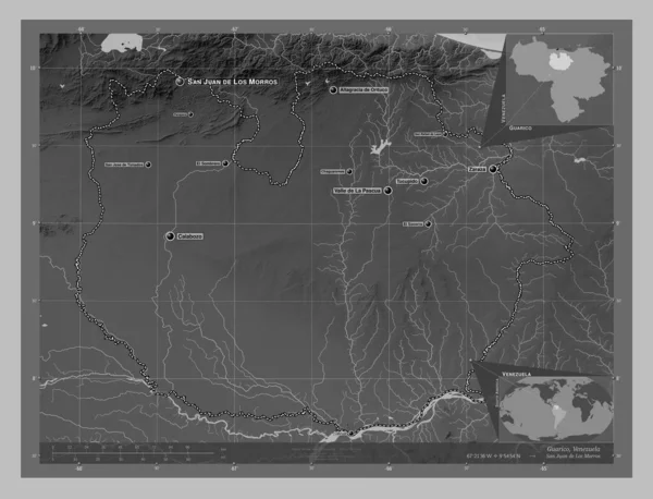 Guarico Stan Wenezuela Mapa Wzniesień Skali Szarości Jeziorami Rzekami Lokalizacje — Zdjęcie stockowe