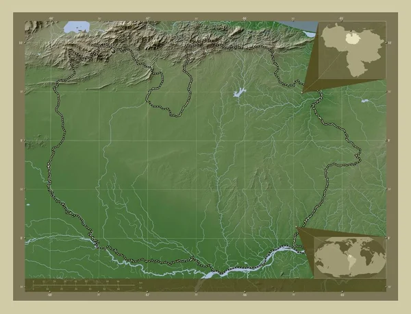 瓜拉尼科 委内瑞拉 用Wiki风格绘制的带有湖泊和河流的高程地图 角辅助位置图 — 图库照片