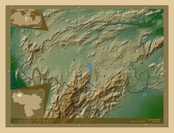 ベネズエラの状態 湖や川と色の標高マップ 地域の主要都市の位置と名前 コーナー補助位置図 — ストック写真