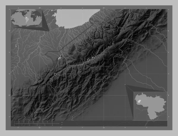 Merida State Venezuela Grayscale Elevation Map Lakes Rivers Locations Major — Stock Photo, Image