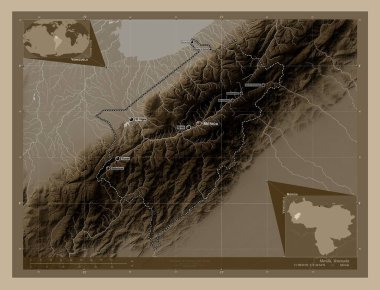 Merida, Venezuela eyaleti. Yükseklik haritası sepya tonlarında göller ve nehirlerle renklendirilmiş. Bölgenin büyük şehirlerinin yerleri ve isimleri. Köşedeki yedek konum haritaları