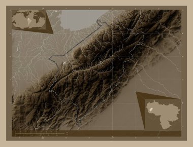 Merida, Venezuela eyaleti. Yükseklik haritası sepya tonlarında göller ve nehirlerle renklendirilmiş. Köşedeki yedek konum haritaları