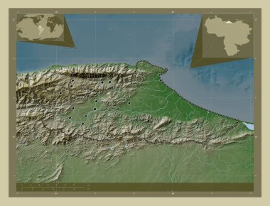 Miranda, Venezuela Eyaleti. Yükseklik haritası göller ve nehirlerle wiki tarzında renklendirilmiş. Bölgenin büyük şehirlerinin yerleri. Köşedeki yedek konum haritaları